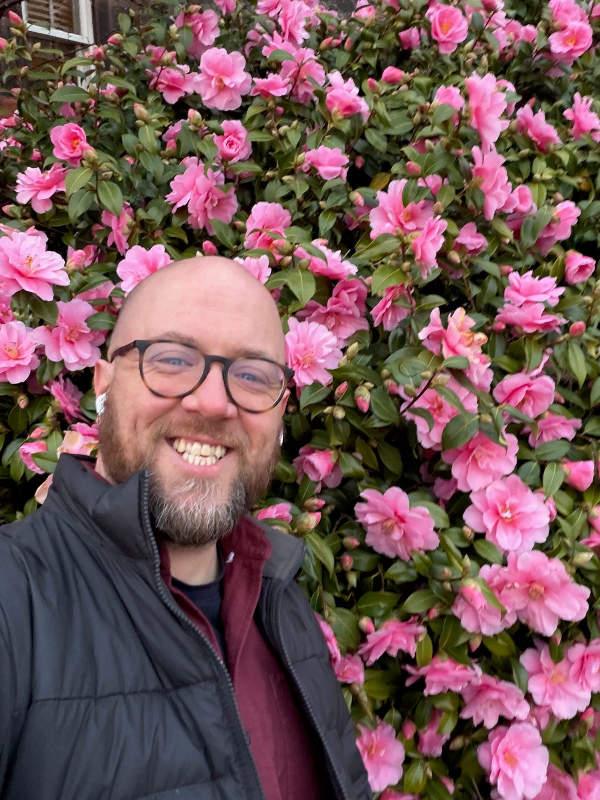 Heath smiling beside a wall of pink flowers.